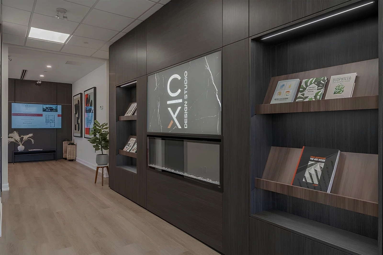 The welcome wall and finish displays at the Calibrex Design Studio.